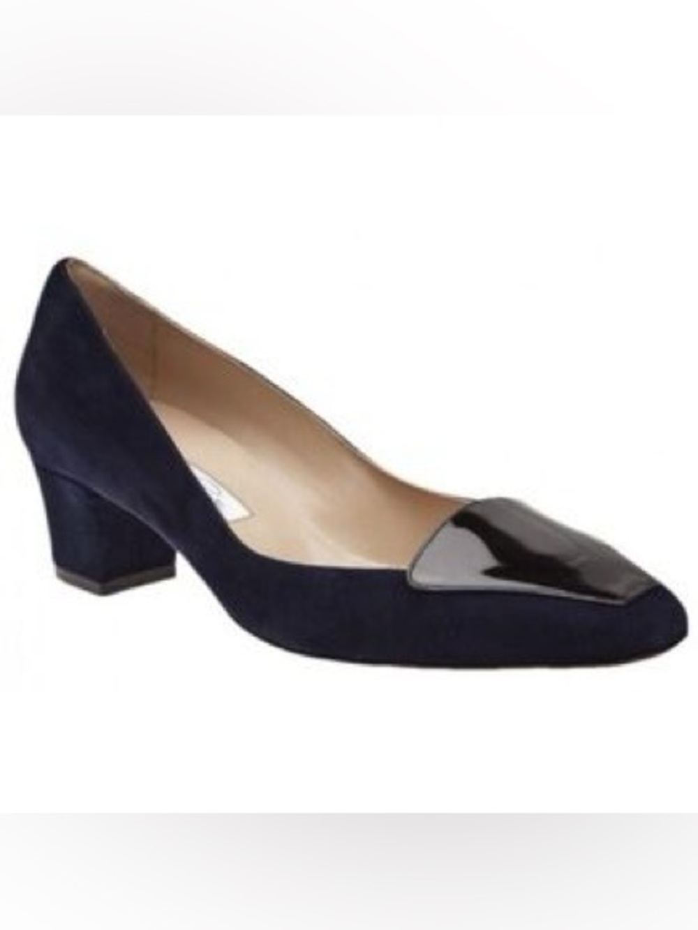 Oscar de la Renta Navy Runway Riley Square Toe Suede Patent Block Pumps